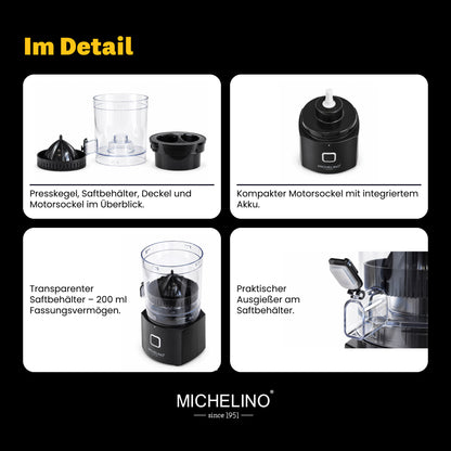 MICHELINO Elektrische Zitruspresse Tragbar – 45W, 220ml, USB-C Akku, leise & EIN/AUS-Schalter – Ansicht 9