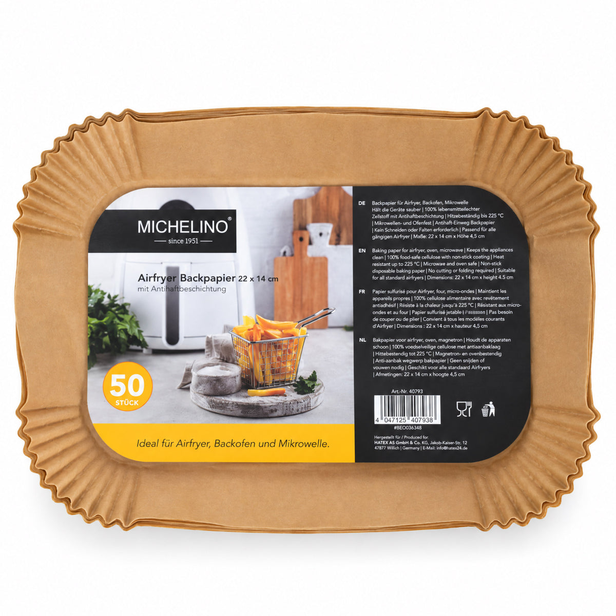 MICHELINO Airfryer Backpapier Rechteckig 22×14 cm – 50 Stück, 12er Display-Set