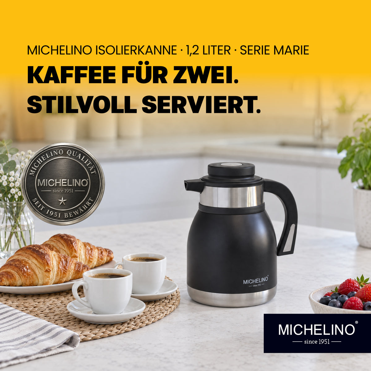 MICHELINO Edelstahl Isolierkanne 1,2 l Serie Marie Schwarz – doppelwandig – Ansicht 2