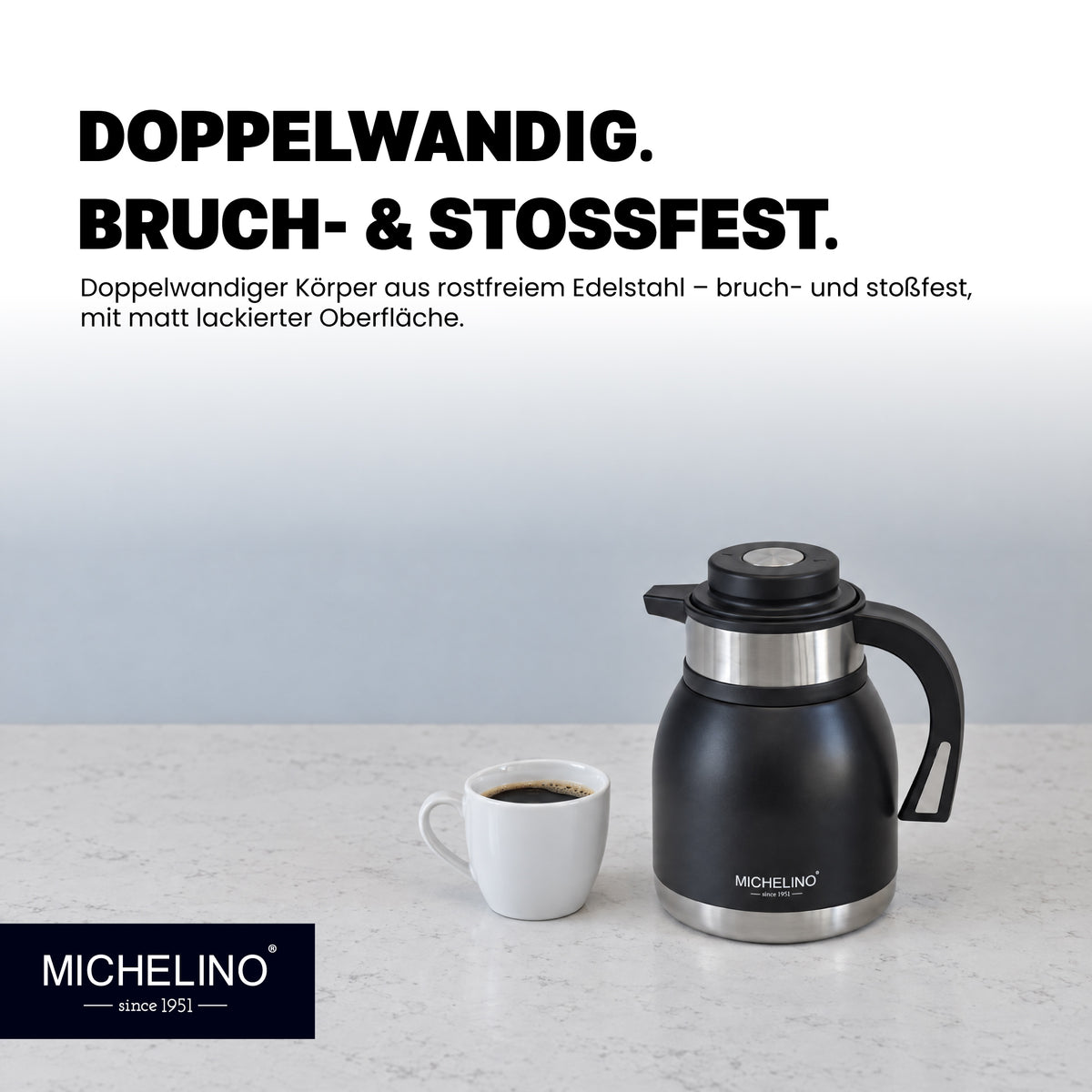 MICHELINO Edelstahl Isolierkanne 1,2 l Serie Marie Schwarz – doppelwandig – Ansicht 3