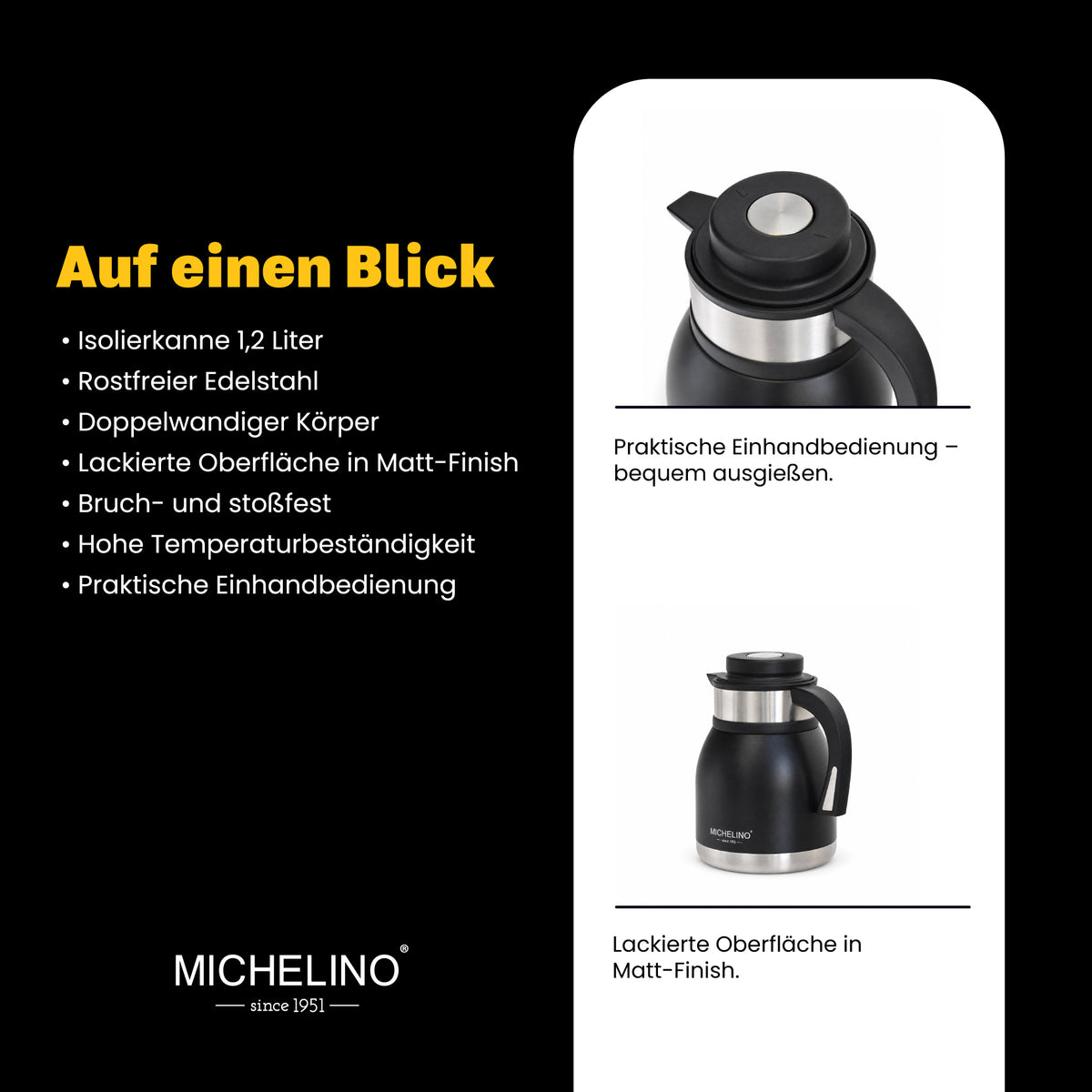 MICHELINO Edelstahl Isolierkanne 1,2 l Serie Marie Schwarz – doppelwandig – Ansicht 4
