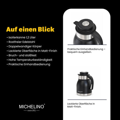 MICHELINO Edelstahl Isolierkanne 1,2 l Serie Marie Schwarz – doppelwandig – Ansicht 4