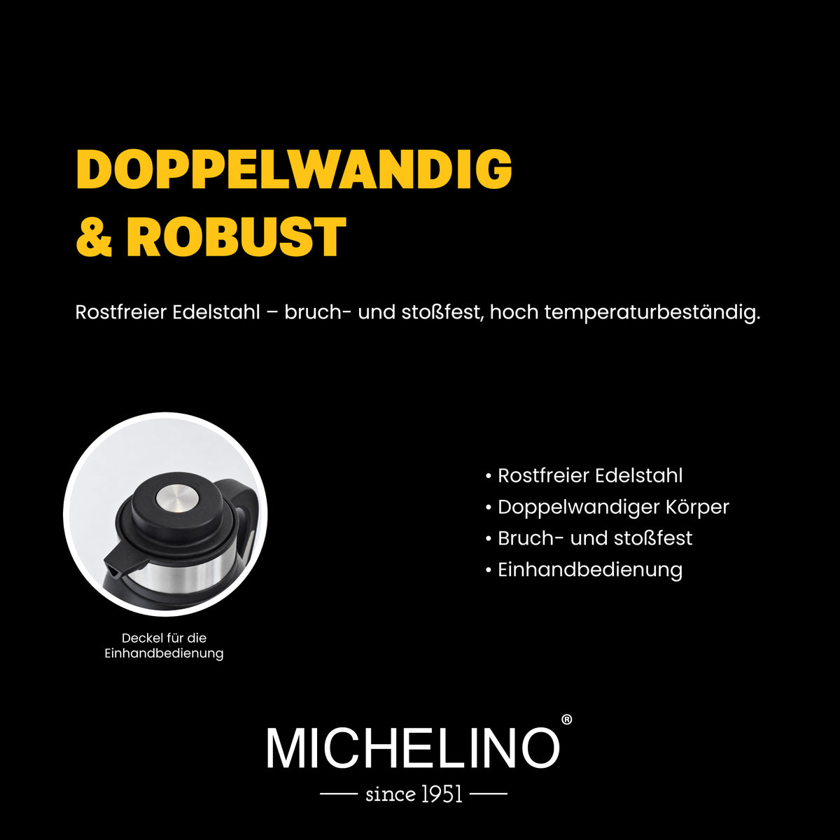 MICHELINO Edelstahl Isolierkanne 1,2 l Serie Marie Schwarz – doppelwandig – Ansicht 6