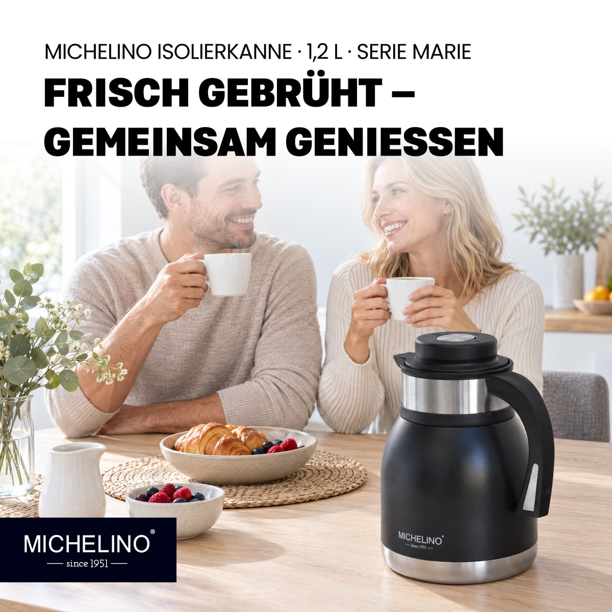 MICHELINO Edelstahl Isolierkanne 1,2 l Serie Marie Schwarz – doppelwandig – Ansicht 8
