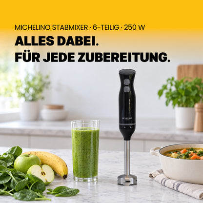 MICHELINO Stabmixer-Set 6-teilig 250 Watt – Edelstahl mit Zerkleinerer, Schneebesen & Messbecher – Ansicht 2