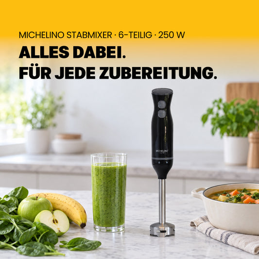 MICHELINO Stabmixer-Set 6-teilig 250 Watt – Edelstahl mit Zerkleinerer, Schneebesen & Messbecher – Ansicht 2