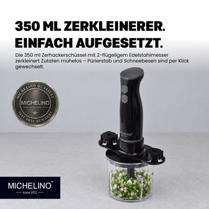 MICHELINO Stabmixer-Set 6-teilig 250 Watt – Edelstahl mit Zerkleinerer, Schneebesen & Messbecher – Ansicht 3
