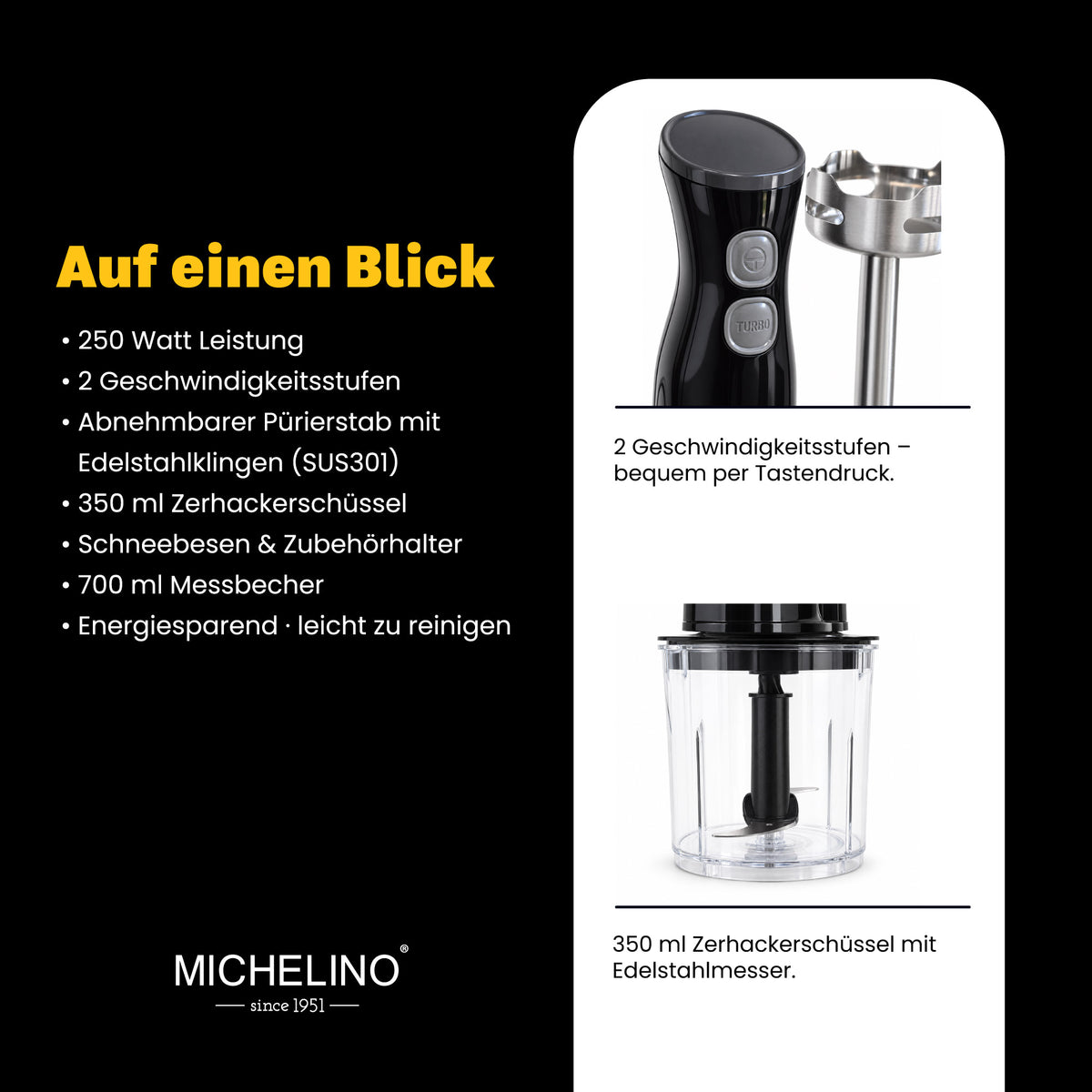 MICHELINO Stabmixer-Set 6-teilig 250 Watt – Edelstahl mit Zerkleinerer, Schneebesen & Messbecher – Ansicht 4