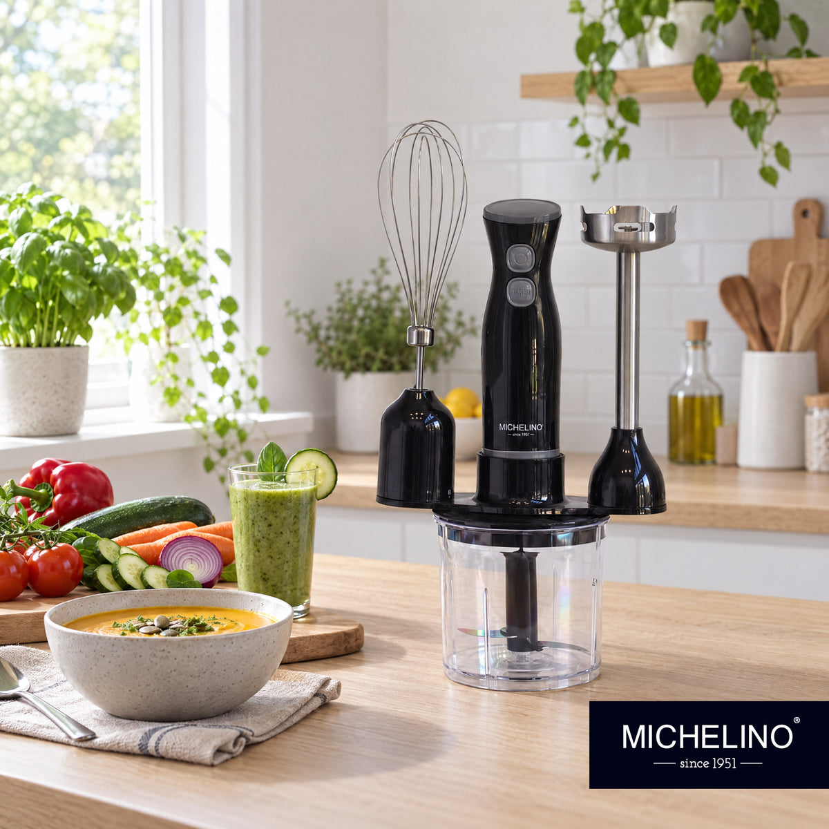 MICHELINO Stabmixer-Set 6-teilig 250 Watt – Edelstahl mit Zerkleinerer, Schneebesen & Messbecher – Ansicht 5