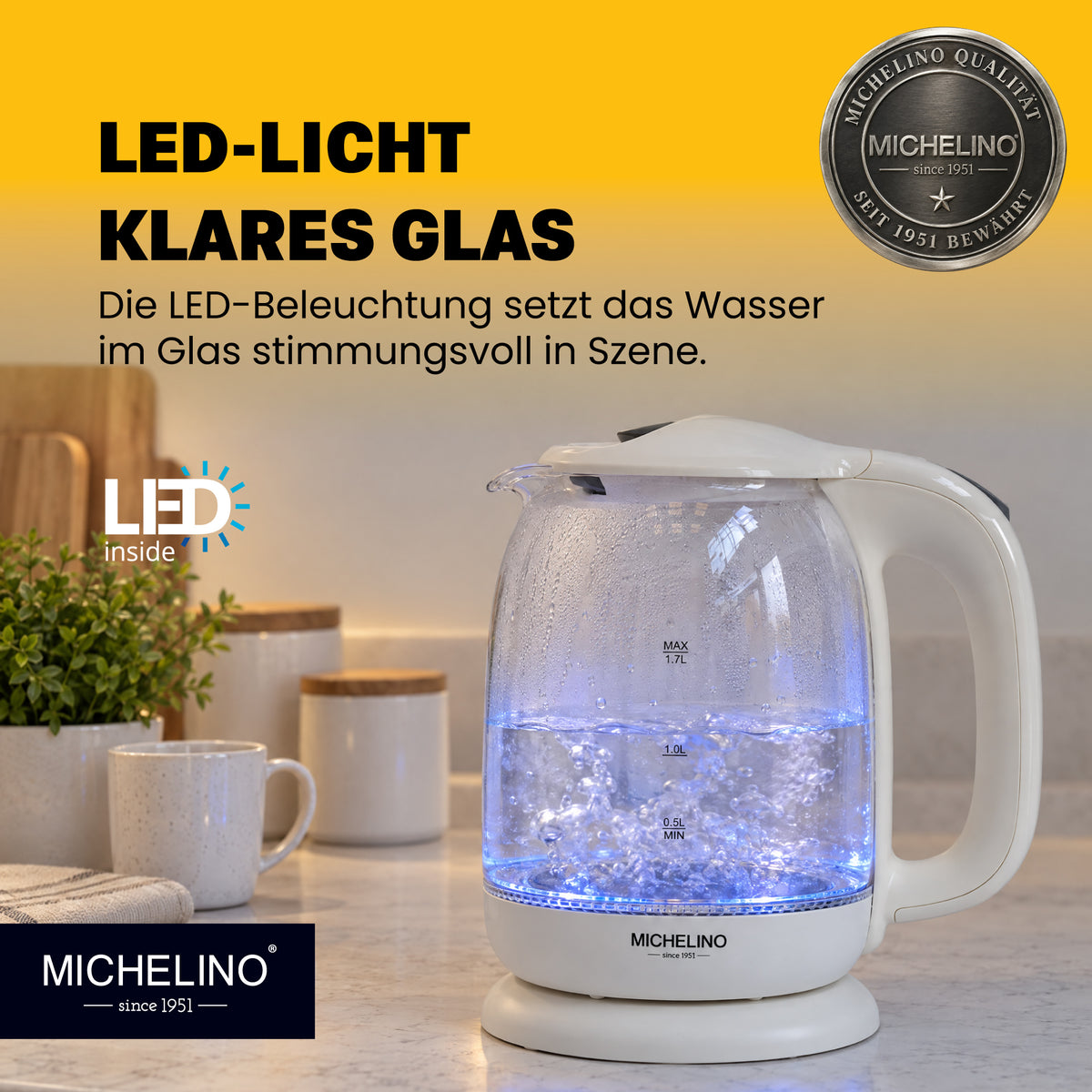 MICHELINO Wasserkocher 1,7 Liter Weiß – Edelstahl mit Temperaturwahl & LED-Display – Ansicht 3