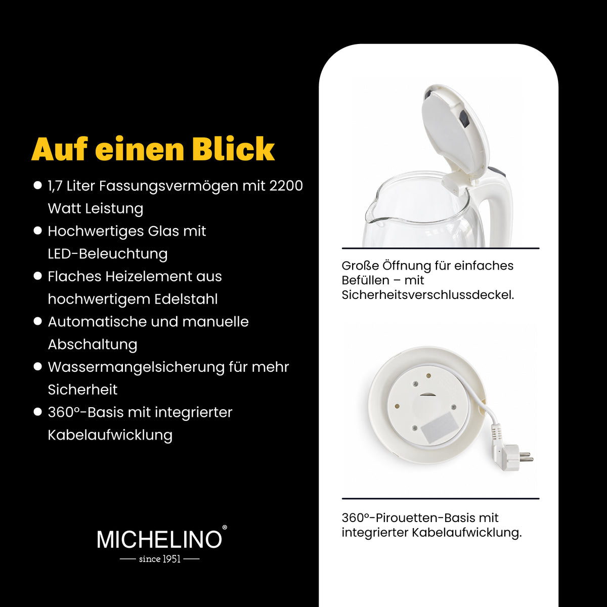 MICHELINO Wasserkocher 1,7 Liter Weiß – Edelstahl mit Temperaturwahl & LED-Display – Ansicht 4