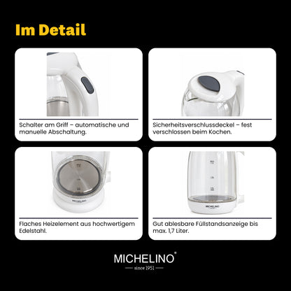 MICHELINO Wasserkocher 1,7 Liter Weiß – Edelstahl mit Temperaturwahl & LED-Display – Ansicht 5