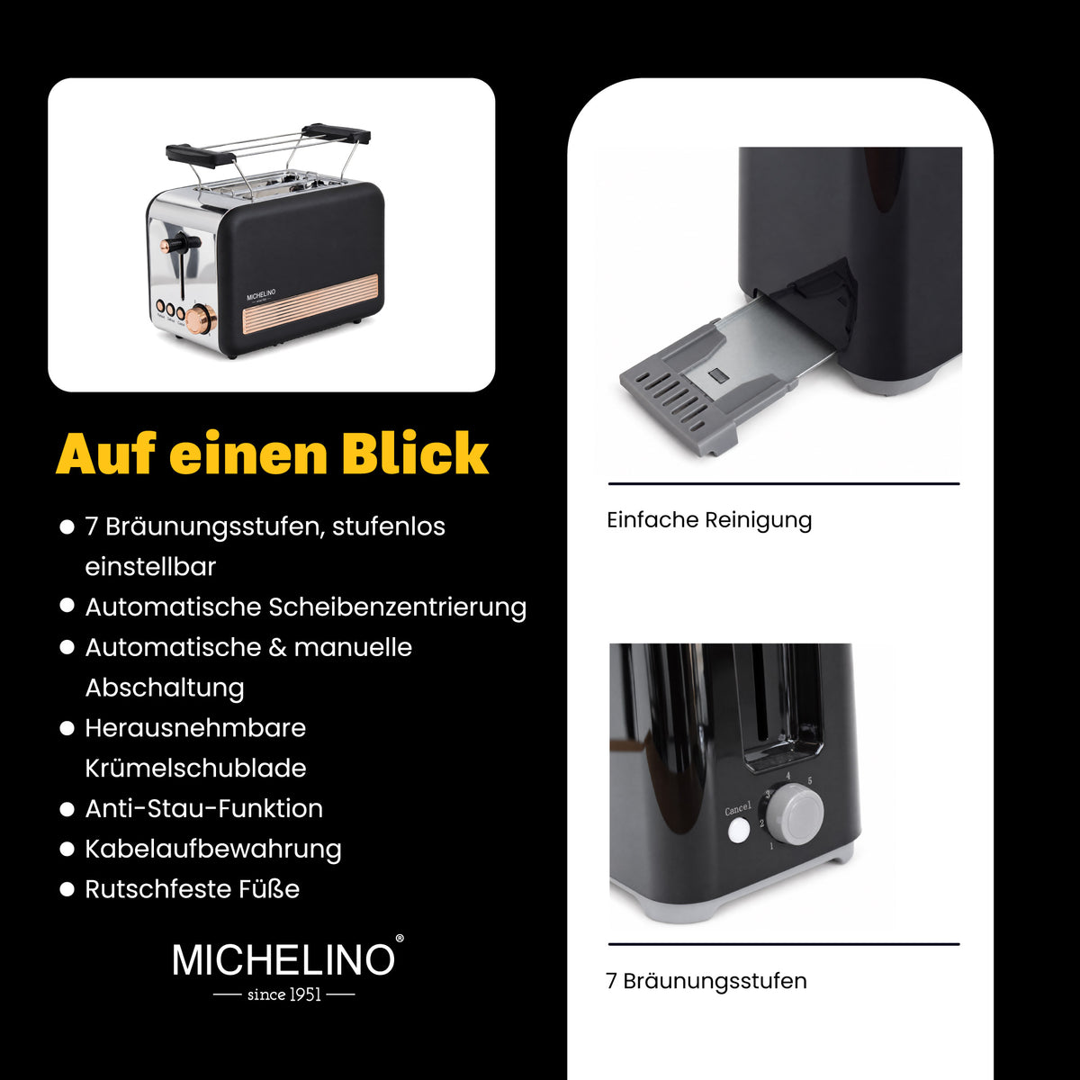 MICHELINO Toaster 2-Scheiben Schwarz – 700W, 7 Bräunungsstufen, Brötchenaufsatz & automatische Zentrierung – Ansicht 4