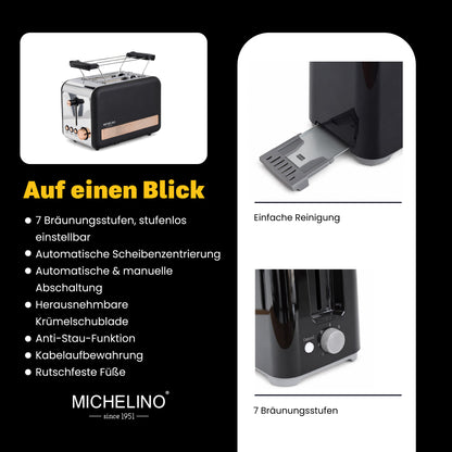 MICHELINO Toaster 2-Scheiben Schwarz – 700W, 7 Bräunungsstufen, Brötchenaufsatz & automatische Zentrierung – Ansicht 4