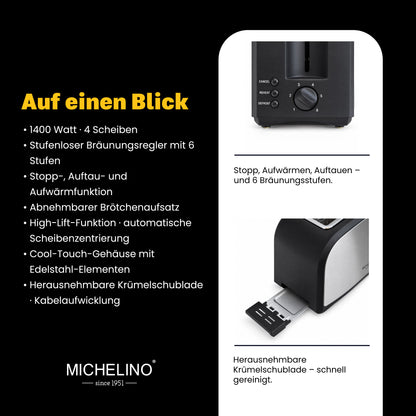 MICHELINO Toaster 4-Scheiben 1400 Watt Edelstahl Schwarz – Ansicht 4