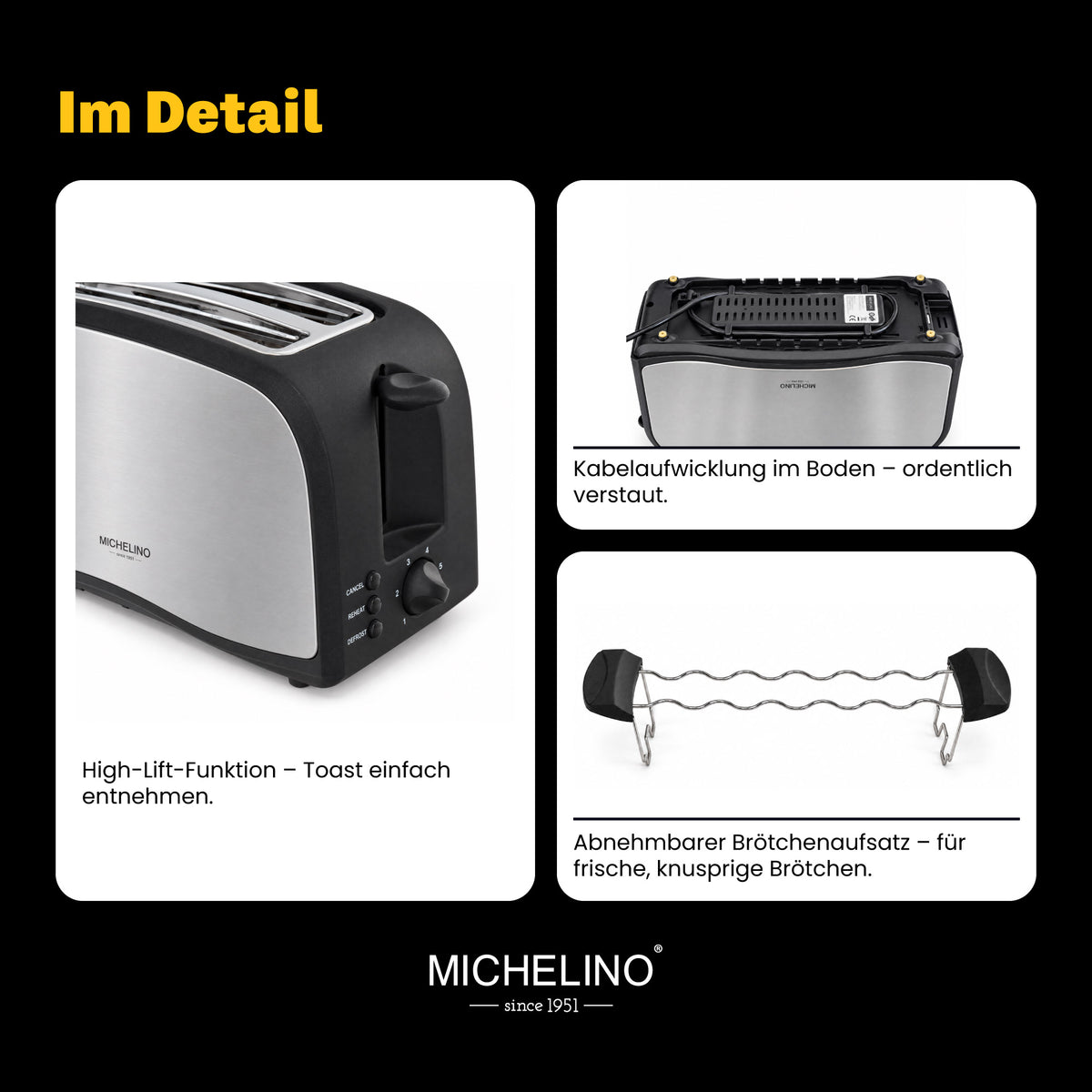 MICHELINO Toaster 4-Scheiben 1400 Watt Edelstahl Schwarz – Ansicht 9