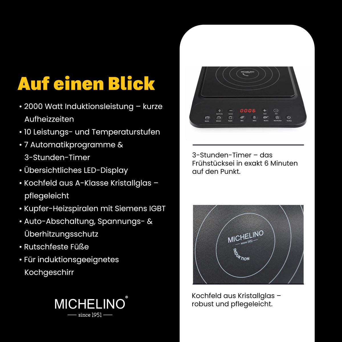 MICHELINO Einzel-Induktionskochplatte Schwarz – 2000W, Kristallglas, 8 Stufen & Siemens IGBT – Ansicht 4