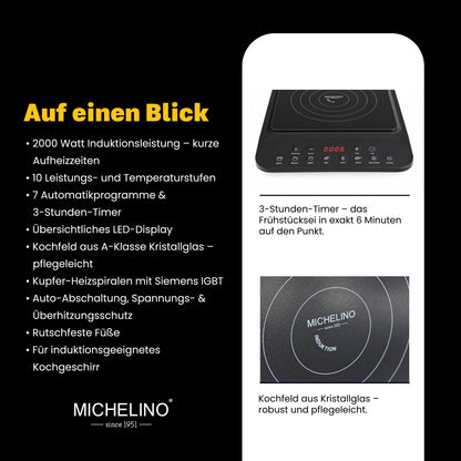 MICHELINO Einzel-Induktionskochplatte Schwarz – 2000W, Kristallglas, 8 Stufen & Siemens IGBT – Ansicht 4