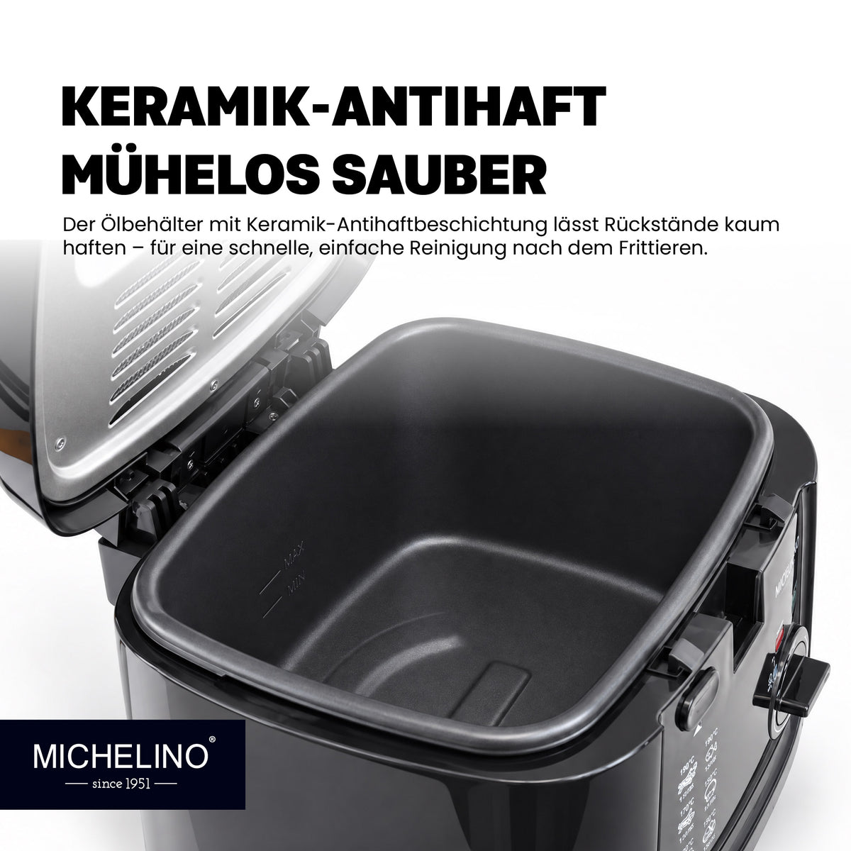 MICHELINO Öl-Fritteuse 2,5 Liter Schwarz – 1800W, Keramik-Antihaft & Sichtfenster-Deckel – Ansicht 3