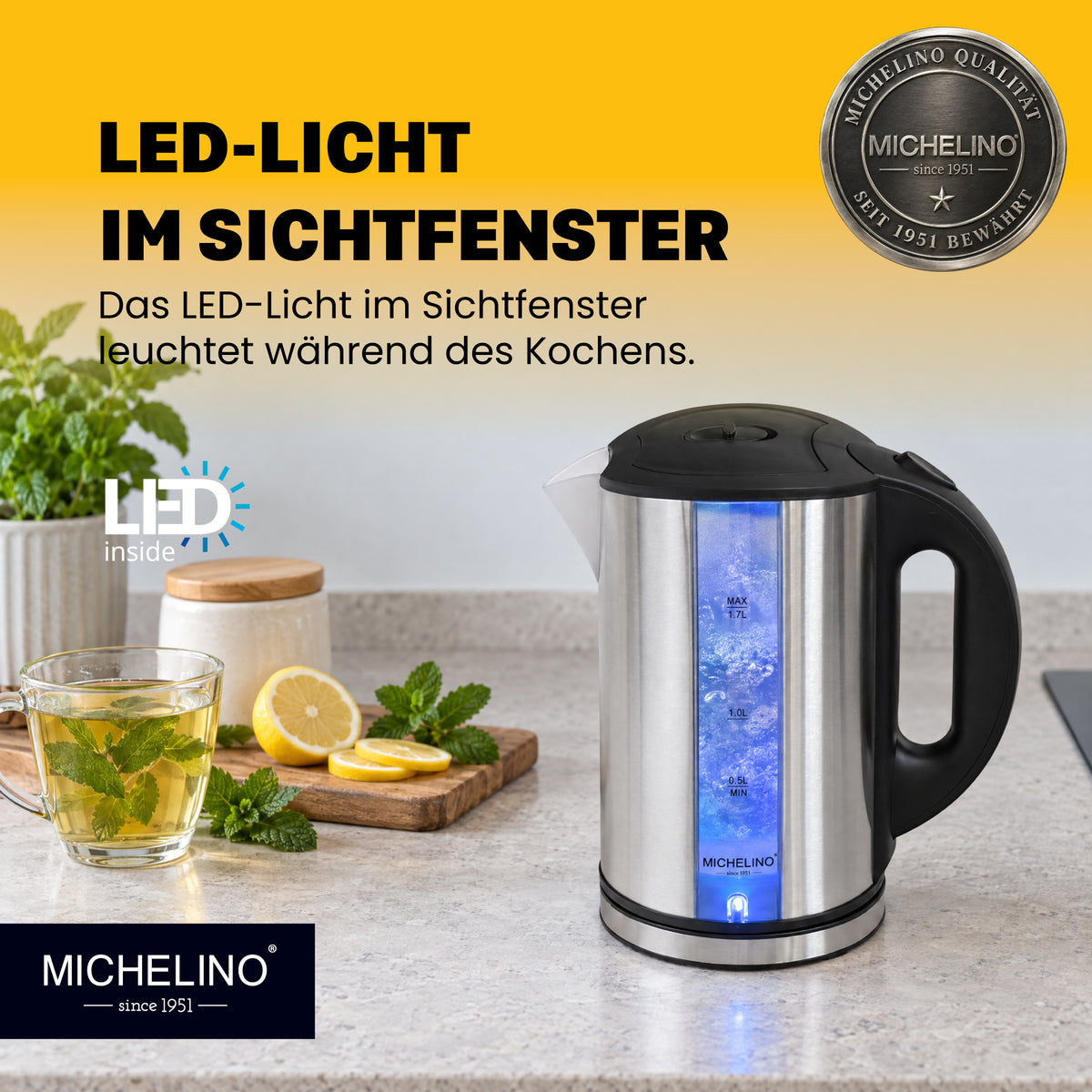 MICHELINO Wasserkocher Edelstahl mit LED-Beleuchtung 1,7 Liter – Ansicht 3