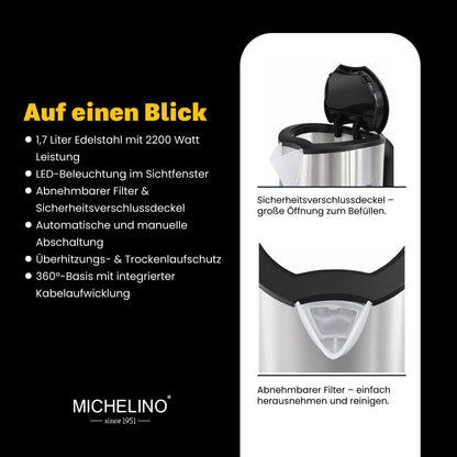 MICHELINO Wasserkocher Edelstahl mit LED-Beleuchtung 1,7 Liter – Ansicht 4