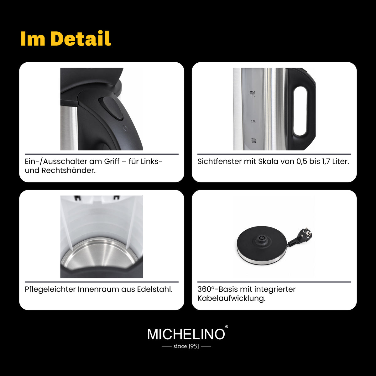 MICHELINO Wasserkocher Edelstahl mit LED-Beleuchtung 1,7 Liter – Ansicht 5