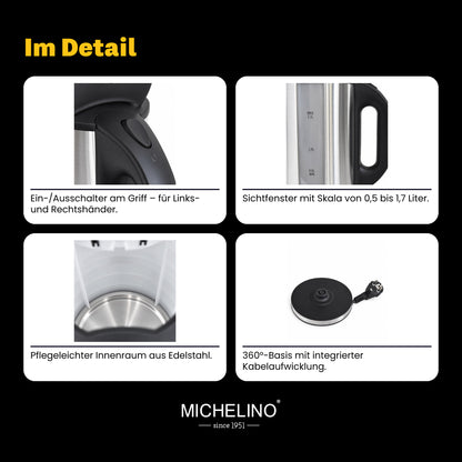 MICHELINO Wasserkocher Edelstahl mit LED-Beleuchtung 1,7 Liter – Ansicht 5