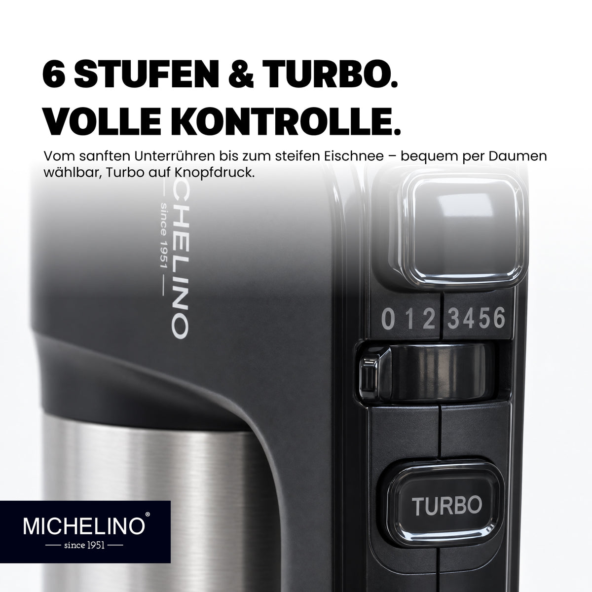 MICHELINO Handmixer 400 Watt Schwarz – Edelstahl mit 6 Stufen & Turbo – Ansicht 3