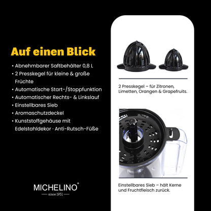 MICHELINO Elektrische Zitruspresse 1,0 Liter – 30W mit 2 Presskegeln & Aromaschutz – Ansicht 4