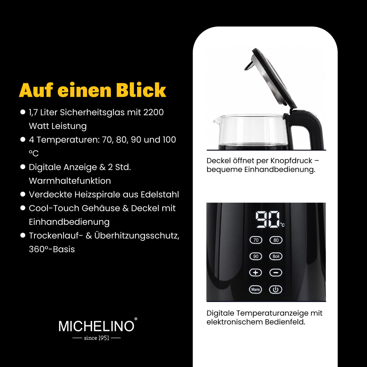 MICHELINO Digitaler Wasserkocher 1,7 Liter mit Temperaturwahl – Ansicht 4