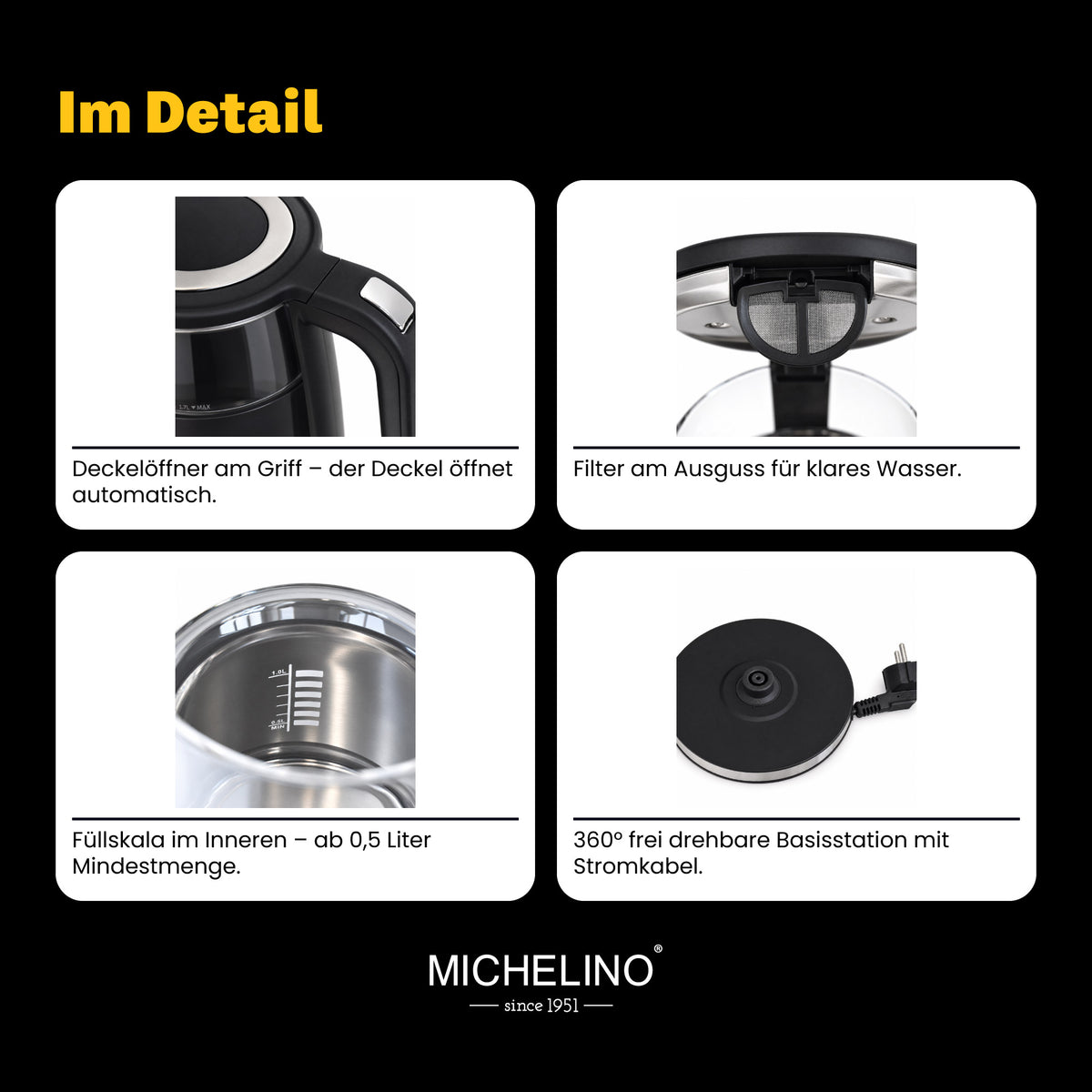 MICHELINO Digitaler Wasserkocher 1,7 Liter mit Temperaturwahl – Ansicht 7