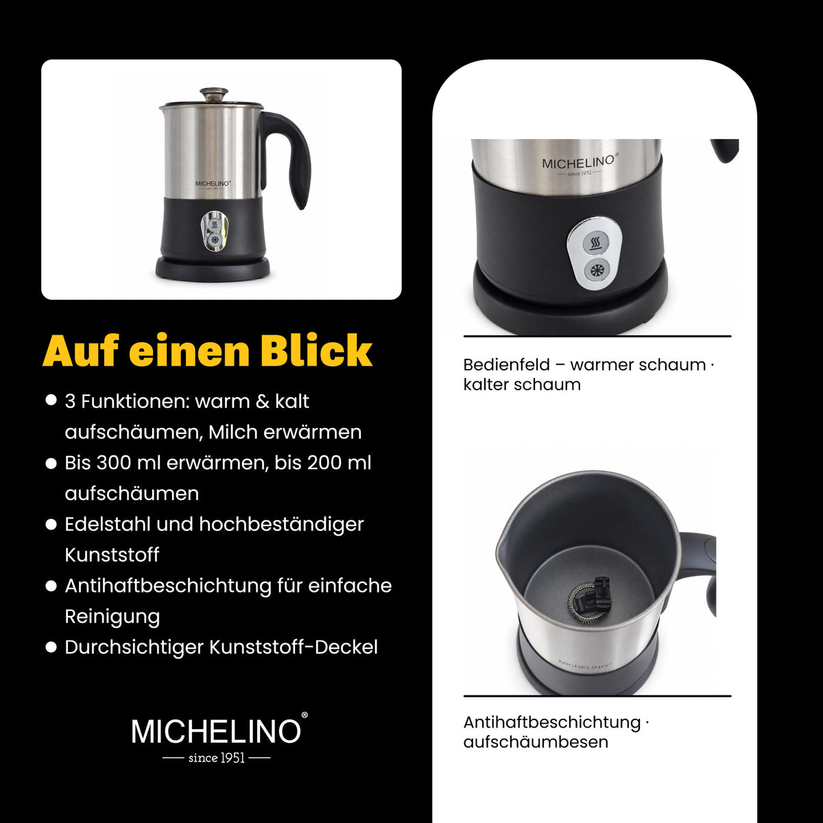 MICHELINO Milchaufschäumer 550 Watt Schwarz – Edelstahl elektrisch – Ansicht 4