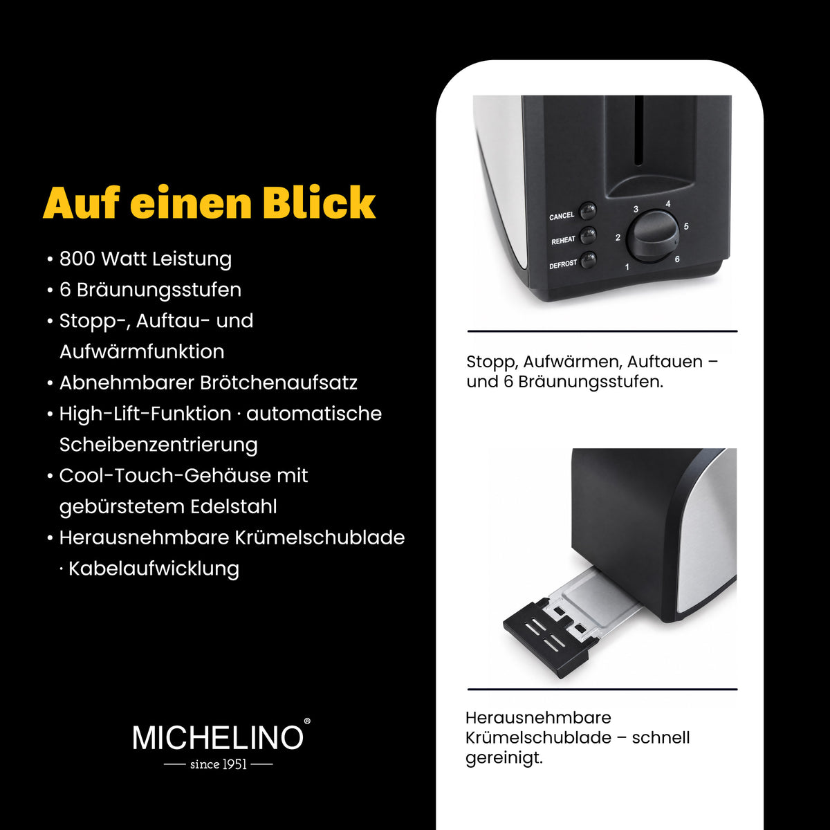 MICHELINO Toaster 2 Scheiben 800 Watt Edelstahl – Ansicht 4