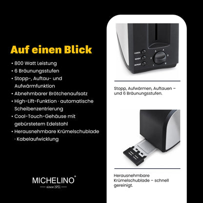 MICHELINO Toaster 2 Scheiben 800 Watt Edelstahl – Ansicht 4