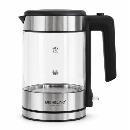 MICHELINO Wasserkocher 1,0 Liter Silber – Edelstahl mit blauer LED & Strix-Controller