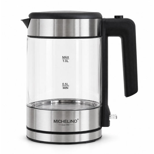 MICHELINO Wasserkocher 1,0 Liter Silber – Edelstahl mit blauer LED & Strix-Controller