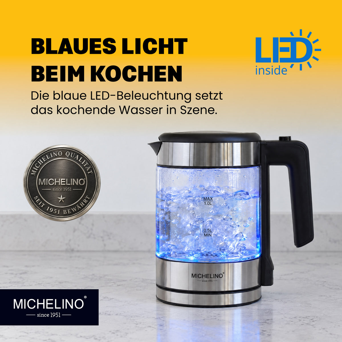 MICHELINO Wasserkocher 1,0 Liter Silber – Edelstahl mit blauer LED & Strix-Controller – Ansicht 3