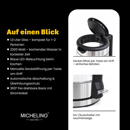MICHELINO Wasserkocher 1,0 Liter Silber – Edelstahl mit blauer LED & Strix-Controller – Ansicht 4