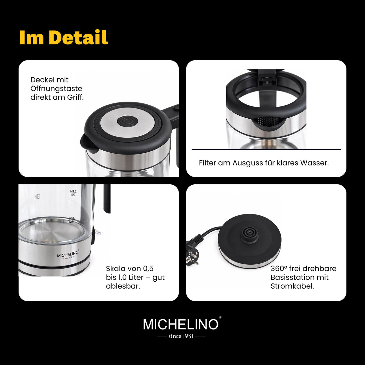 MICHELINO Wasserkocher 1,0 Liter Silber – Edelstahl mit blauer LED & Strix-Controller – Ansicht 7