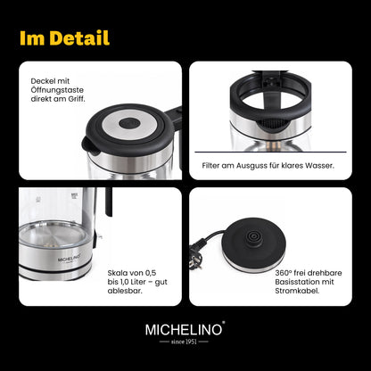MICHELINO Wasserkocher 1,0 Liter Silber – Edelstahl mit blauer LED & Strix-Controller – Ansicht 7