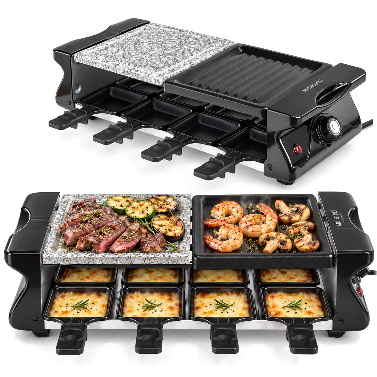 MICHELINO Raclette-Grill 8 Personen – 1200W mit Naturstein-Granitplatte & Thermostat