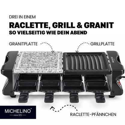 MICHELINO Raclette-Grill 8 Personen – 1200W mit Naturstein-Granitplatte & Thermostat – Ansicht 3