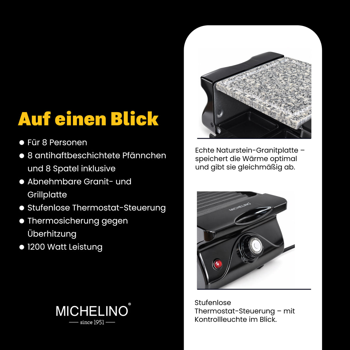 MICHELINO Raclette-Grill 8 Personen – 1200W mit Naturstein-Granitplatte & Thermostat – Ansicht 4