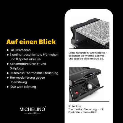 MICHELINO Raclette-Grill 8 Personen – 1200W mit Naturstein-Granitplatte & Thermostat – Ansicht 4