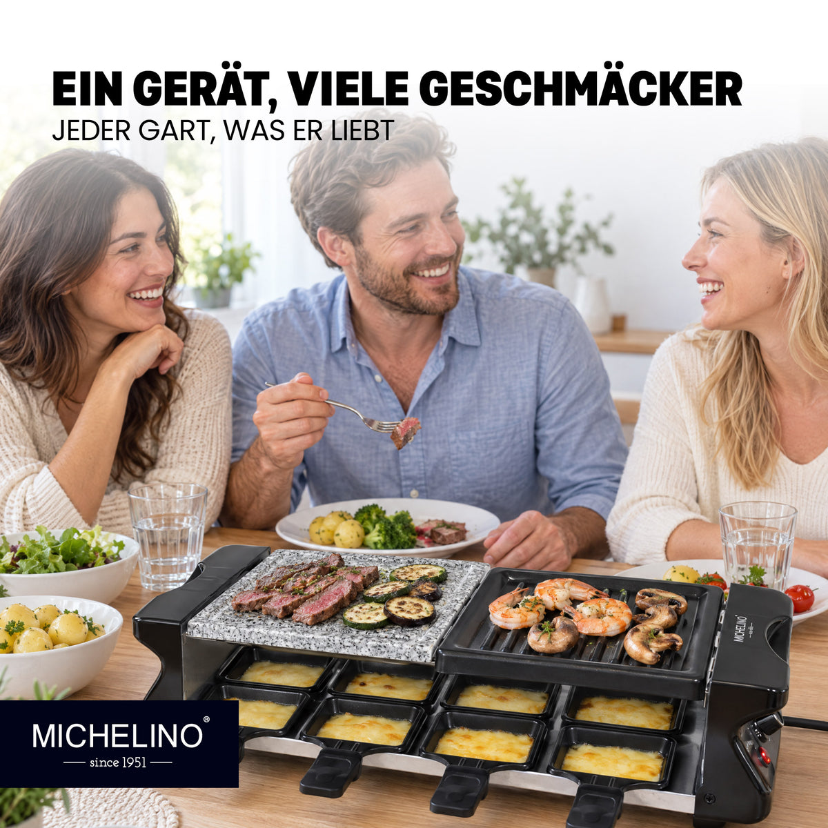MICHELINO Raclette-Grill 8 Personen – 1200W mit Naturstein-Granitplatte & Thermostat – Ansicht 6