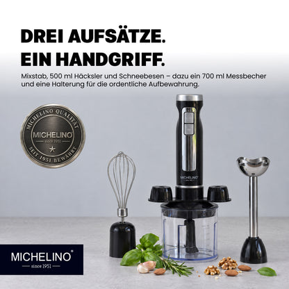 MICHELINO Stabmixer-Set 3-in-1 1000 Watt – mit Häcksler, Schneebesen & Halterung – Ansicht 3