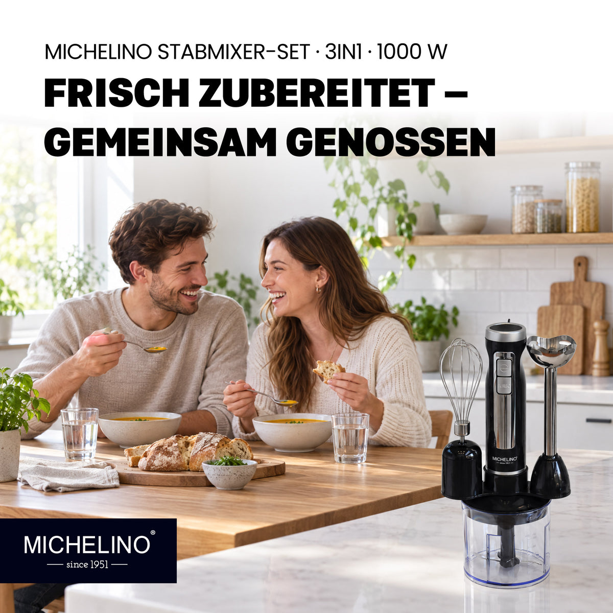 MICHELINO Stabmixer-Set 3-in-1 1000 Watt – mit Häcksler, Schneebesen & Halterung – Ansicht 8