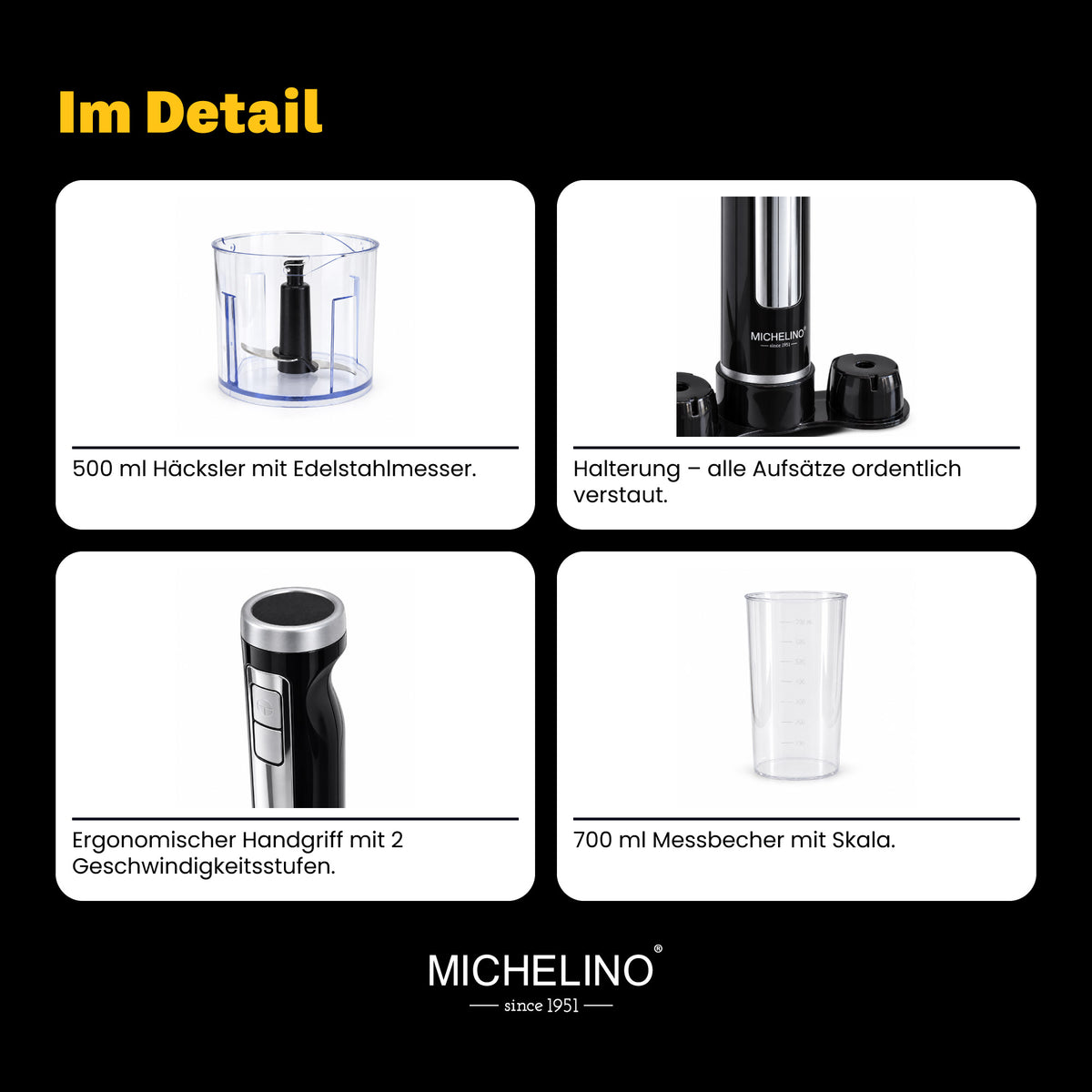MICHELINO Stabmixer-Set 3-in-1 1000 Watt – mit Häcksler, Schneebesen & Halterung – Ansicht 9