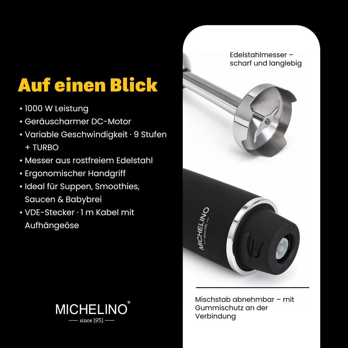 MICHELINO Stabmixer 1000 Watt Edelstahl – DC-Motor, variable Stufen & Gummischutz – Ansicht 4