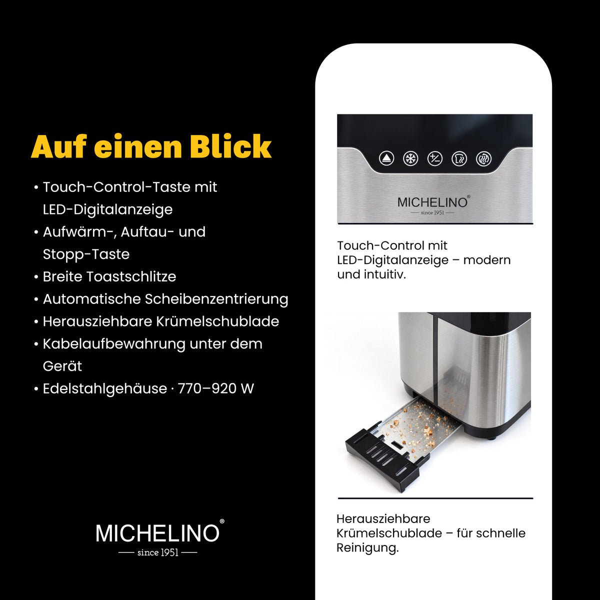 MICHELINO Toaster 2-Scheiben Edelstahl – 920W, Touch-Control, LED-Digitalanzeige, Bagelfunktion & breite Schlitze – Ansicht 4